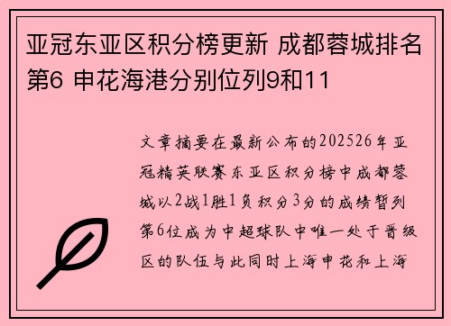 亚冠东亚区积分榜更新 成都蓉城排名第6 申花海港分别位列9和11